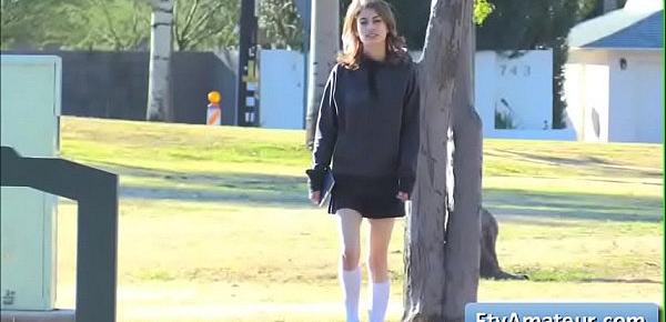  Naughty schoolgirl Kristen get very horny and finger herself deep on the bench outdoor